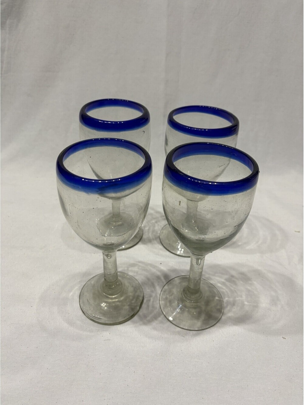 4 ~ Blue Rim Mexican Stemmed Cordial 8 1/4” Tall Liqueur Glasses